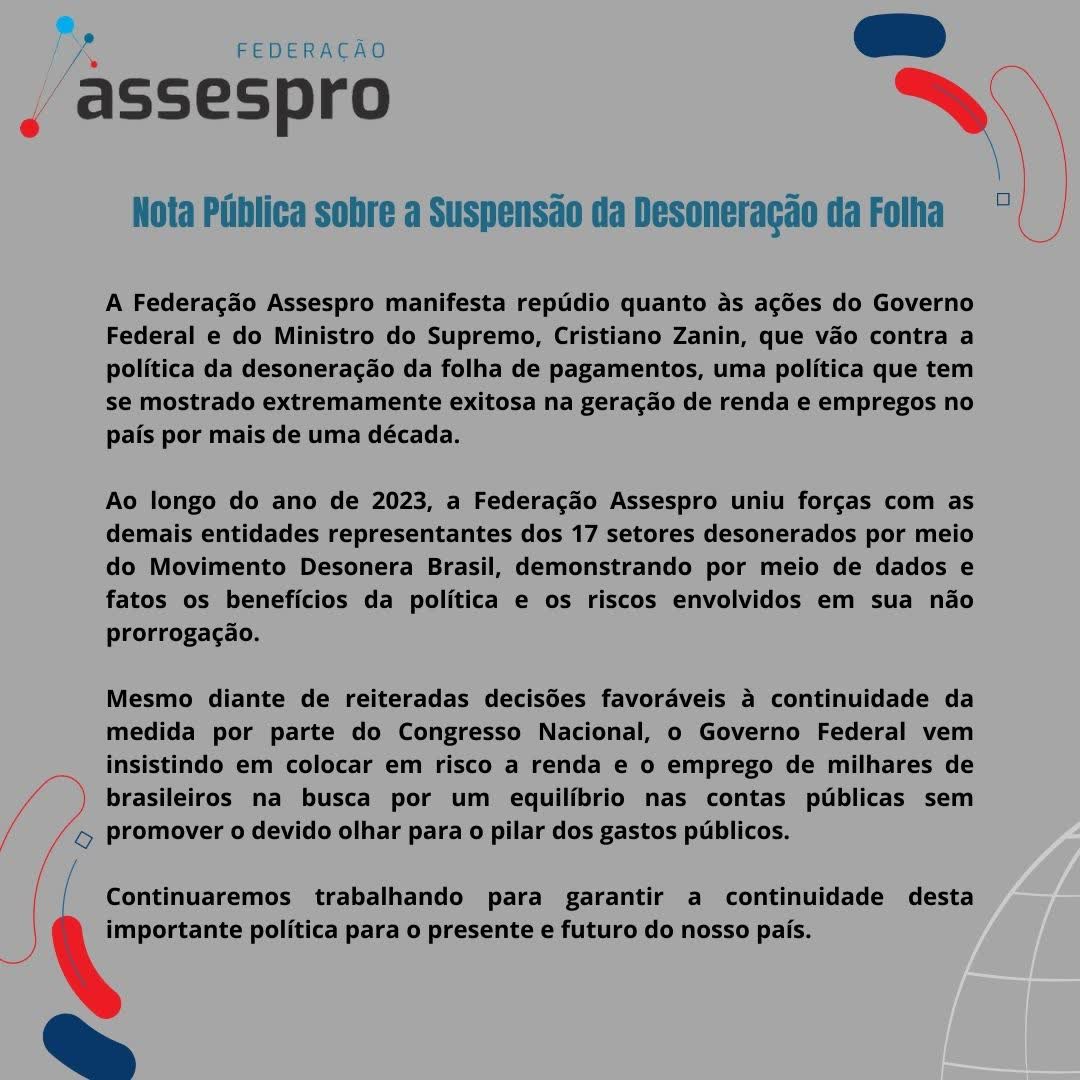 Nota Pública sobre a Suspensão da Desoneração da Folha
